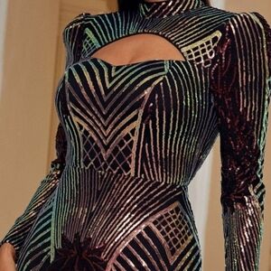 Sequin Gown Chameleon Shift Long Sleeve Keyhole Floor Length